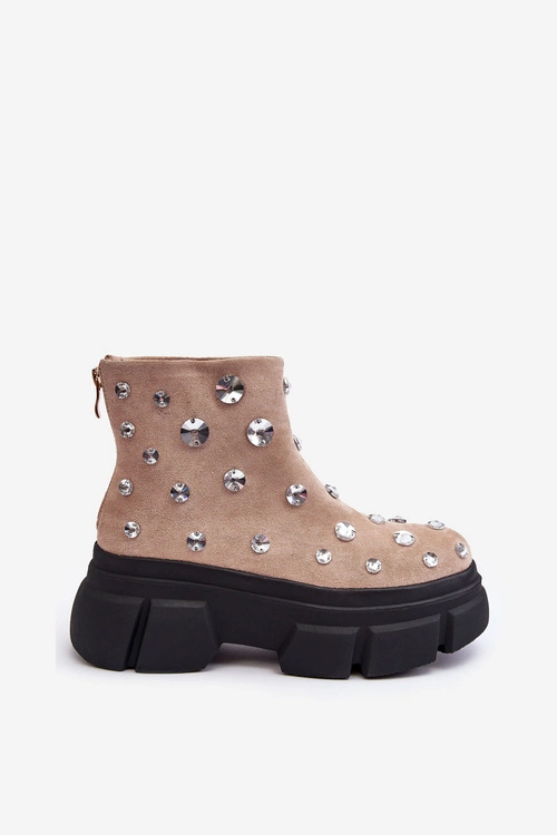 Zamszowe Ocieplane Botki Z Kryształkami D&A MR870-83 Beżowe