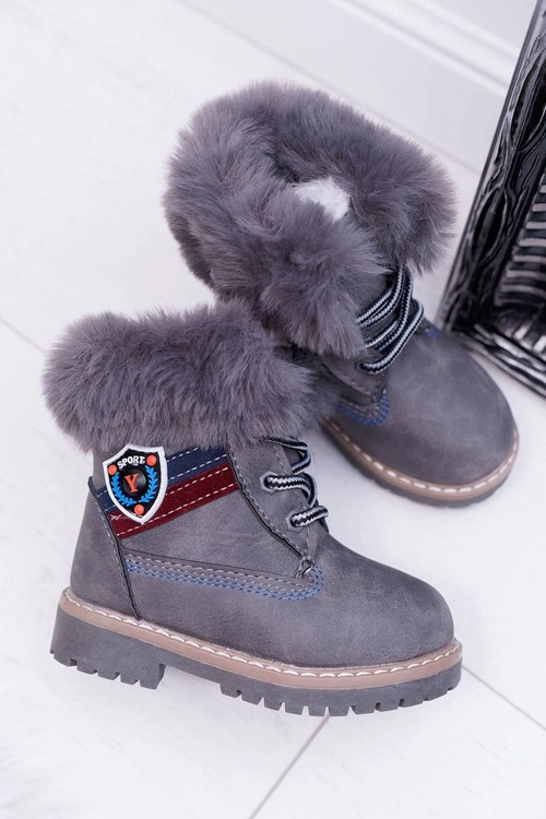 Dziecięce Chłopięce Botki Ocieplane Futerkiem Trapery Szare Cobi