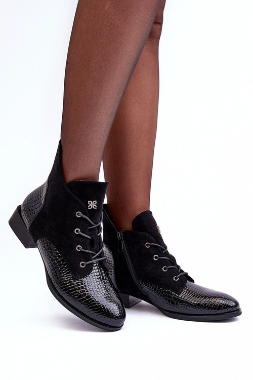 Skórzane Półbuty Na Płaskim Obcasie Zwierzęcy Wzór Czarne Tianeta