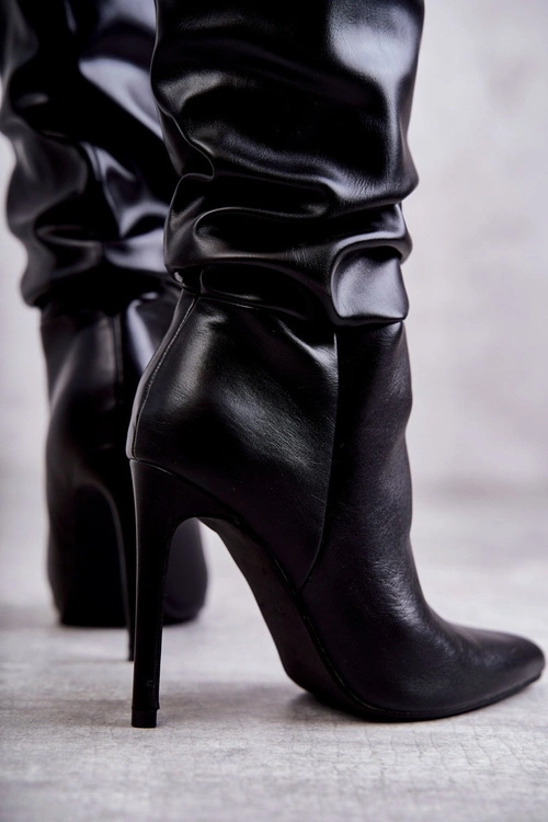 Marszczone Skórzane Kozaki Na Szpilce Czarne Caren