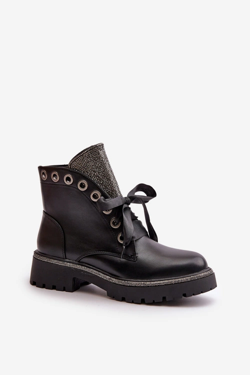 Zdobione Botki Damskie Eko Skórzane Ocieplane Czarne Rilatha