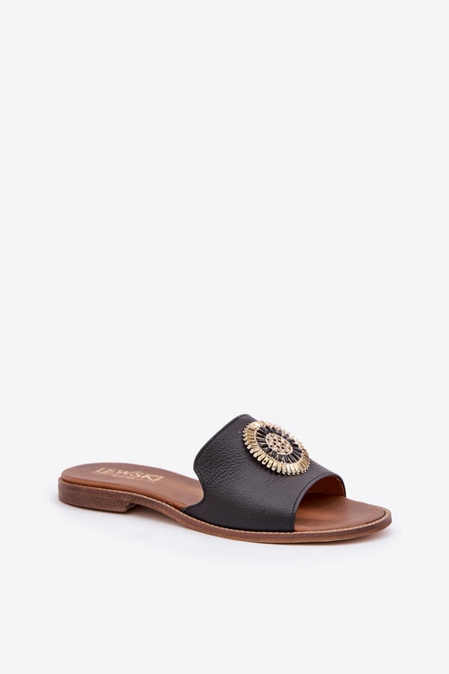 Skórzane Klapki Z Ozdobą Na Płaskim Obcasie Zazoo 3047/O Czarne