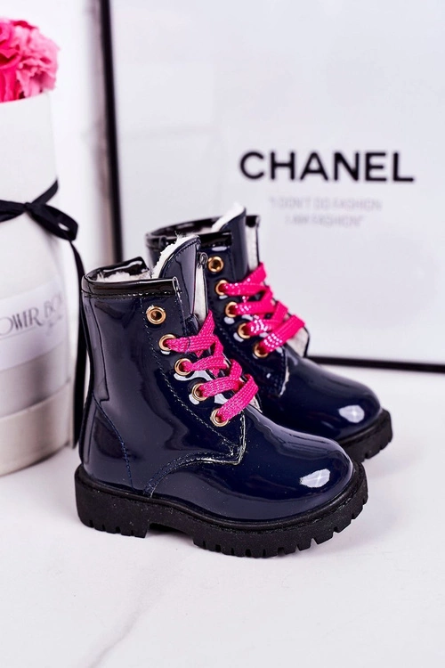 Dziecięce Botki Ocieplone Futerkiem Lakierowane Granatowe Pinkie