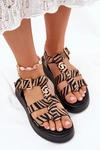 Sandały Damskie Na Platformie Ze Złotym Detalem Zebra Beżowo-Czarne Fevire