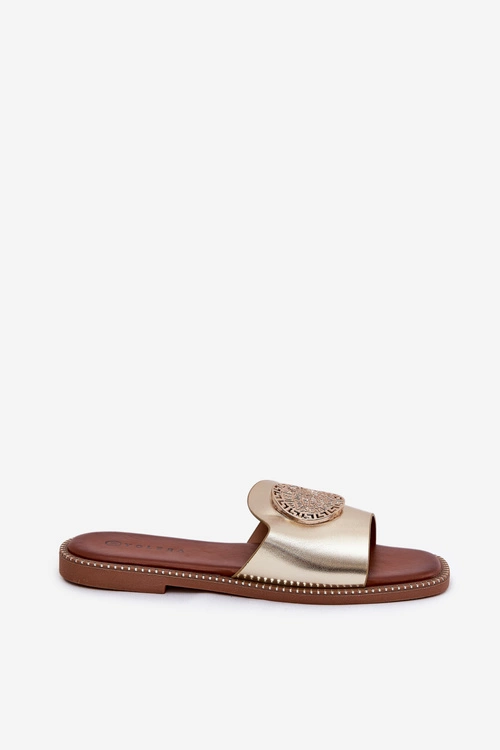 Eko Skórzane Klapki Na Płaskim Obcasie Z Ozdoba Złote Tatereia