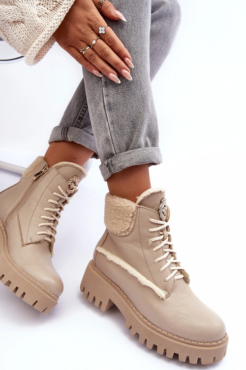 Damskie Skórzane Trapery Botki Beżowe Lemar Vergo