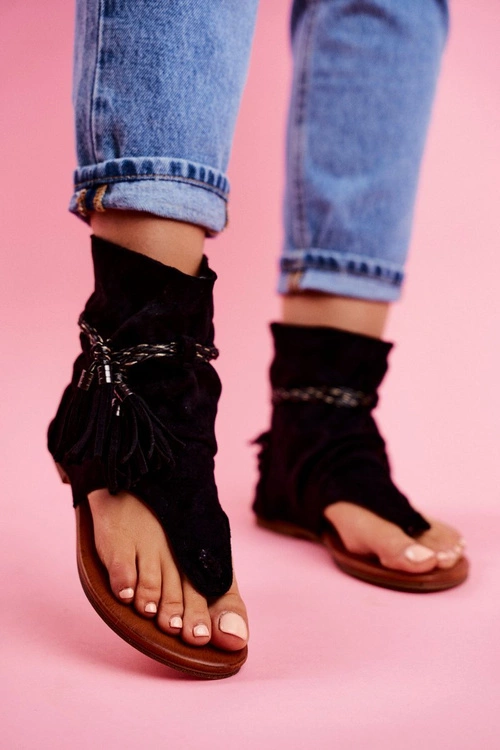 Damskie Sandałki Japonki Z Cholewką Czarne SL1011 Madrit