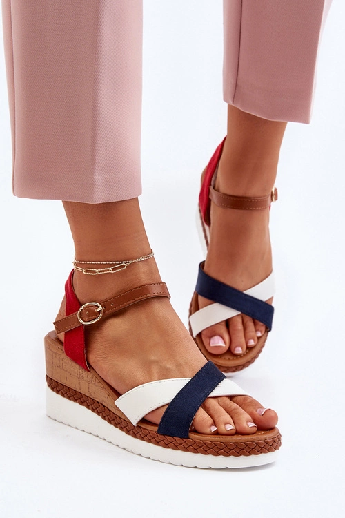 Sandały Na Koturnie Z Paskami Biało-Granatowe Kioda