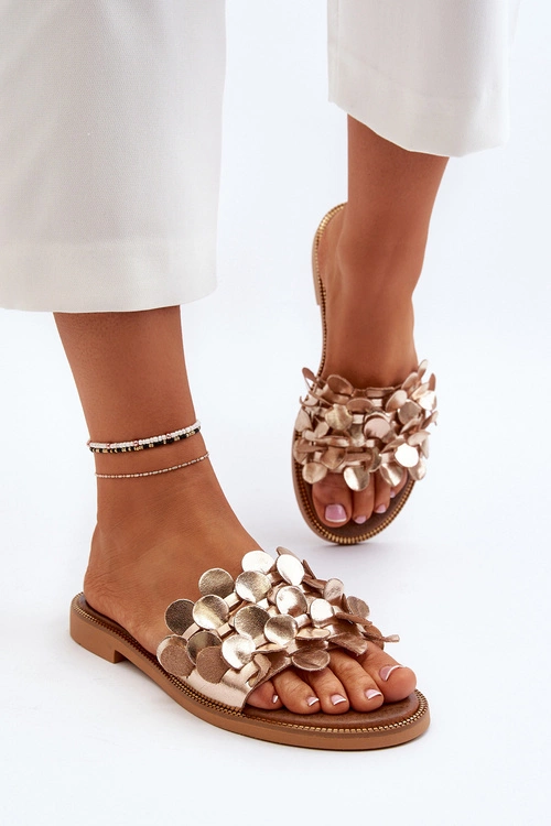 Zazoo 40381 Damskie Skórzane Klapki Na Płaskim Obcasie Złote