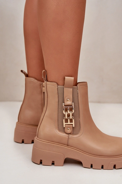 Ocieplane Botki Damskie Eko Skórzane Ze Złotą Ozdobą Beżowe Erivianes