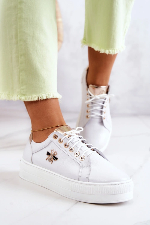 Skórzane Buty Sportowe Na Platformie Białe Bellisia