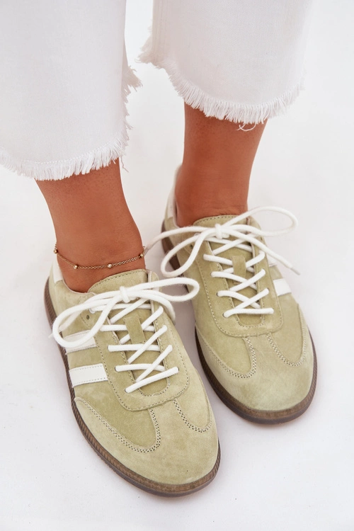 Niskie Skórzane Sneakersy Damskie Limonkowe Ismina