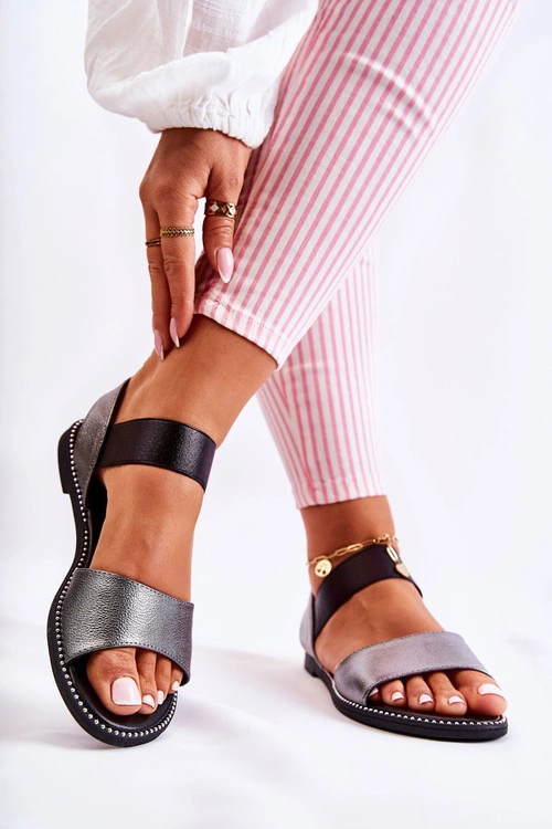 Klasyczne Skórzane Sandały Z Ćwiekami Ciemnosrebrne Shelly