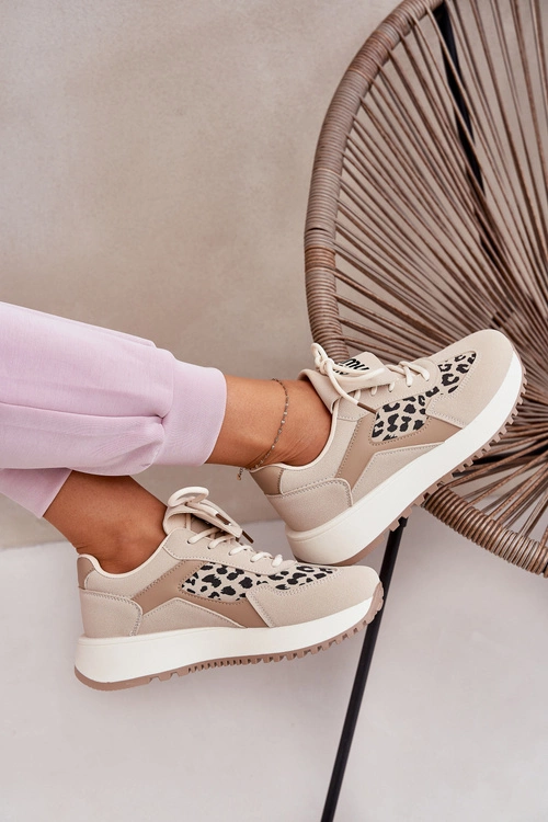 Buty Sportowe Sneakersy Damskie Na Platformie Panterka Beżowe Pumbes