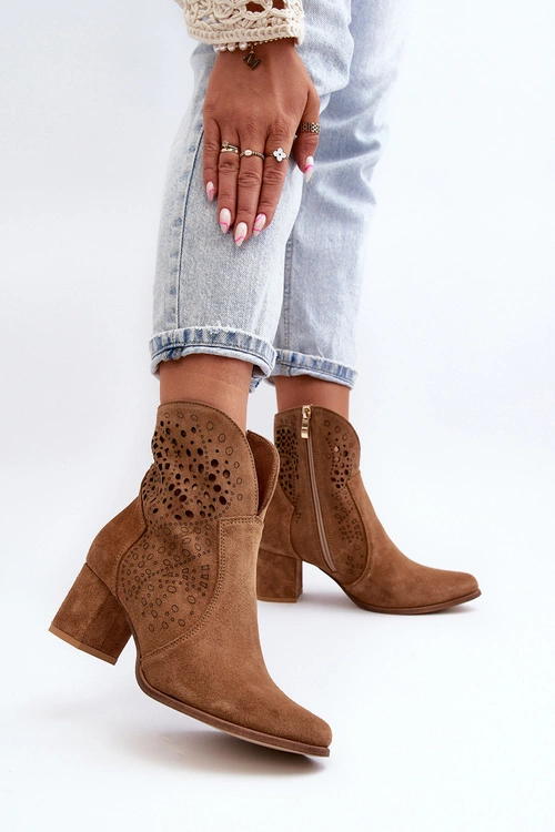 Zazoo 3166 Damskie Ażurowe Botki Na Obcasie Zamszowe Camel