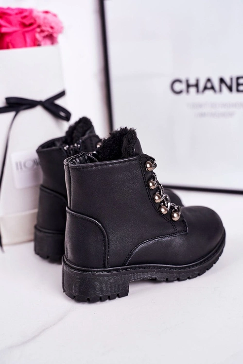 Dziecięce Ocieplane Traperki Eko Skóra Łańcuch Czarne Rock&Roll