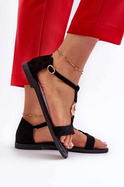 Płaskie Sandały Damskie Ze Złotą Ozdobą Vinceza 17321 Czarne