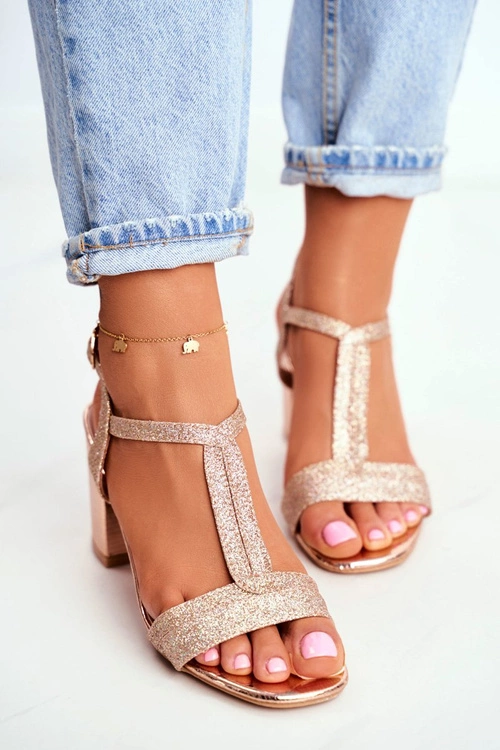 Sandały Damskie Na Słupku Brokatowe Champagne Perfecto