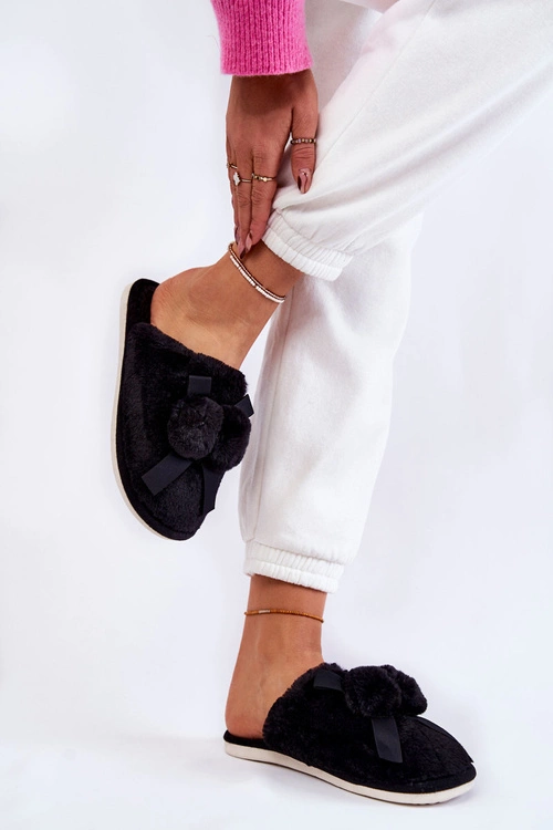 Damskie Futrzane Papcie Z Pomponami Czarne Castello