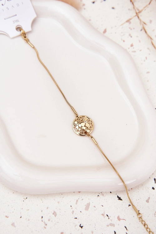 Bransoletka Damska Z Zawieszką Kółko Z Kwiatuszkami Złota