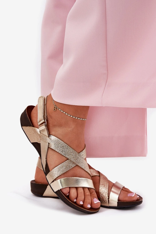 Płaskie Skórzane Sandały Damskie Zazoo 40032 Złote