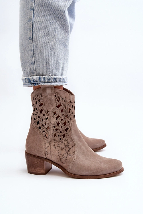 Zazoo 3394 Damskie Botki Na Obcasie Ażurowe Cappucino