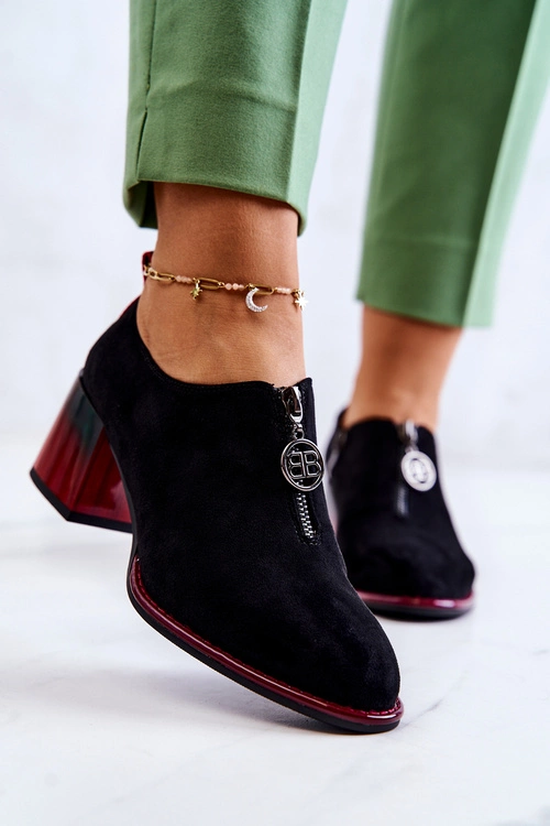 Zamszowe Modne Półbuty Na Słupku Czarno-Czerwone Lorena