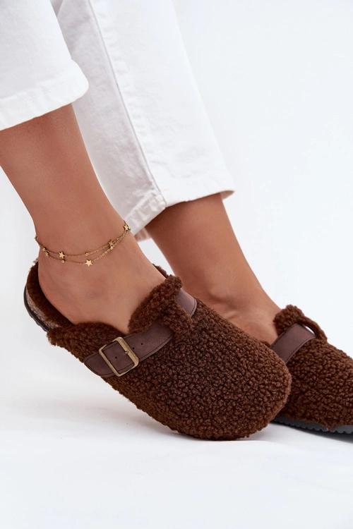 Klapki Damskie Z Futerkiem Typu Baranek Brązowe Lorivine