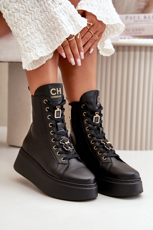 Damskie Skórzane Botki Workery Z Przypinkami Czarne CheBello 4294