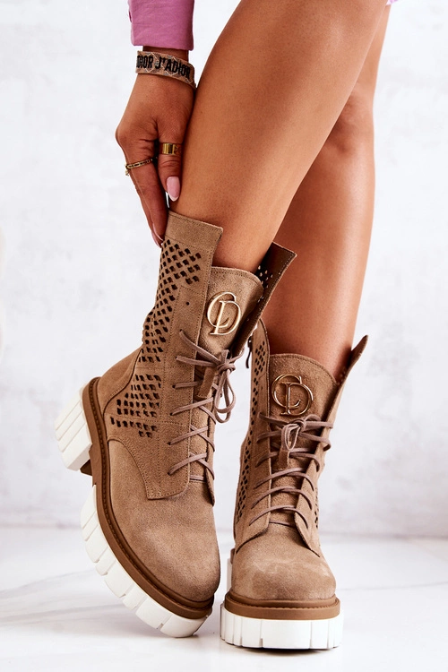 Skórzane Wysokie Botki Workery Nicole Jasnobrązowe 2706