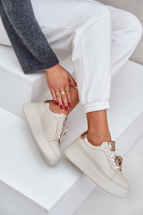 Damskie Skórzane Sneakersy CheBello 4411 Jasnobeżowe