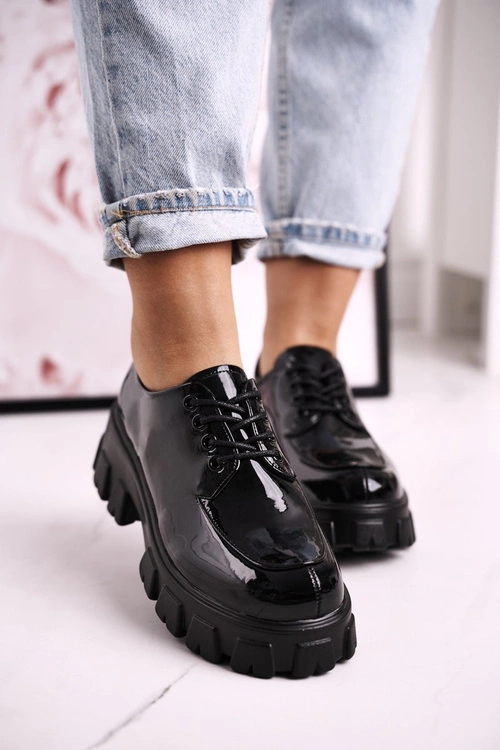 Damskie Półbuty Oxfordy Na Masywnej Platformie S.Barski HX23 Lakierowane Czarne