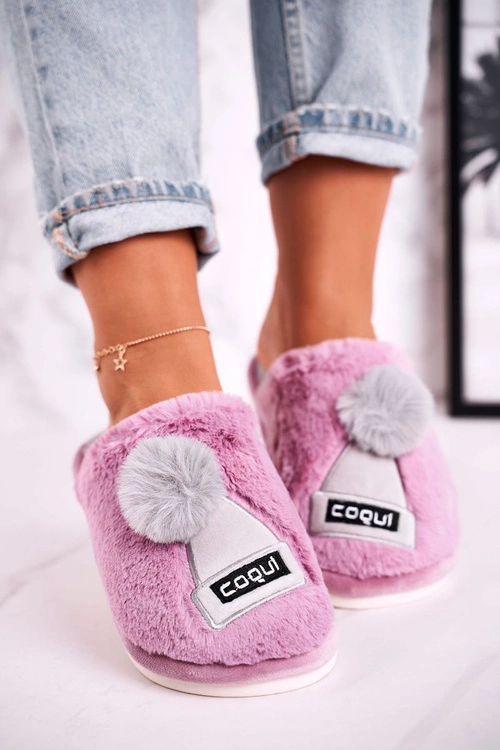 Damskie Futrzane Papcie Z Czapką I Pomponem Fioletowe Keep Warm