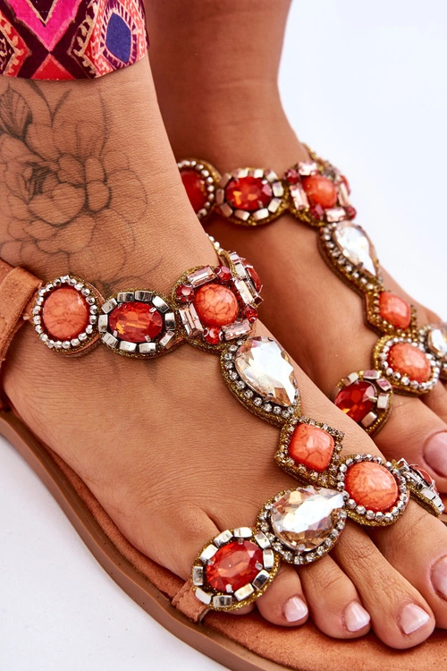 Zamszowe Płaskie Sandały Z Kamieniami Pomarańczowe Dallas