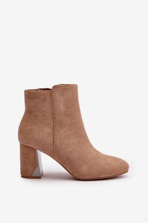 Ocieplane Botki Na Obcasie Słupku Z Lustrzanym Elementem Beżowe Silvare