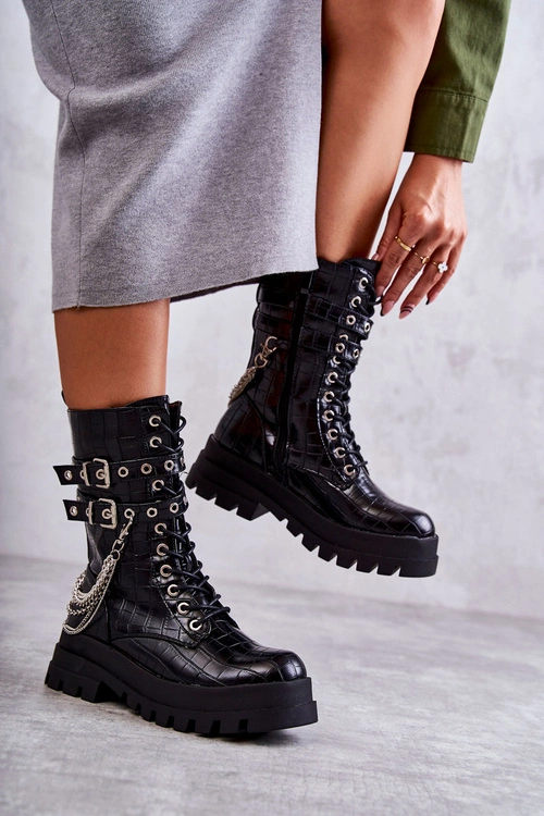 Wysokie Workery Botki Z Łańcuchem Wężowe Czarne Montero