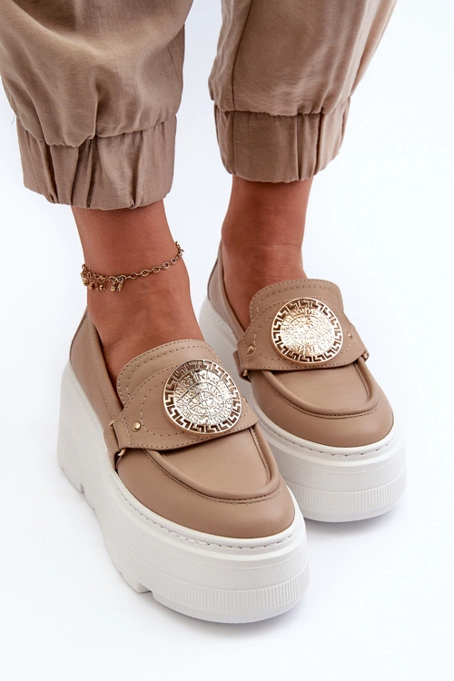 Zazoo 3458 Mokasyny Skórzane Damskie Z Ozdobą Beżowe