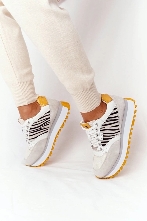 Skórzane Sportowe Buty Na Platformie GOE HH2N4001 Biało-Żółte