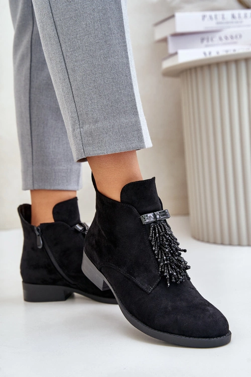 Ocieplane Niskie Botki Z Ozdobą Na Zamek S.Barski HY42-715 Czarne