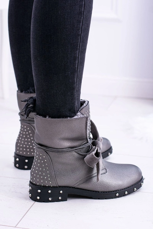 Damskie Botki Ocieplane Z Kolcami i Dżetami Srebrne Neso