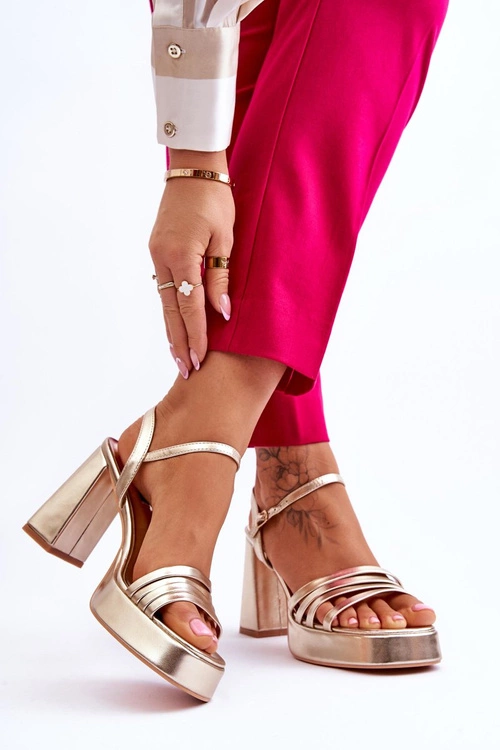 Damskie Skórzane Sandały Na Obcasie I Platformie Złote Verda