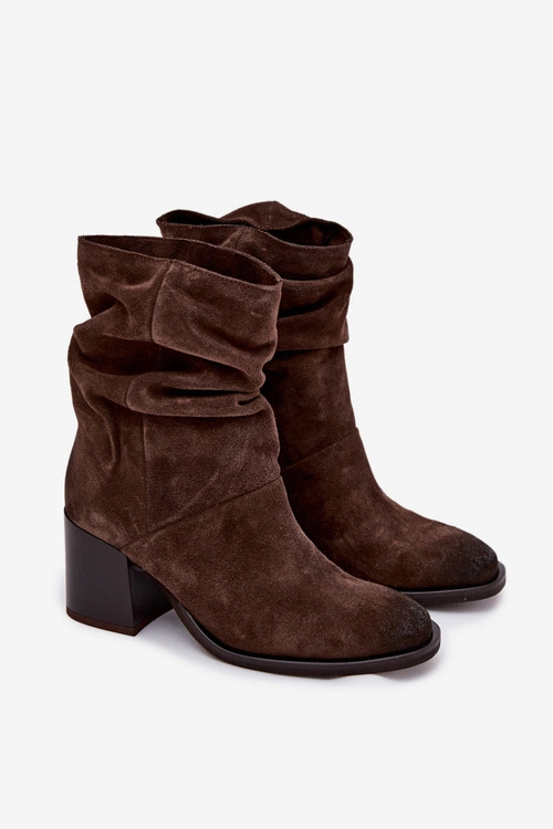 Skórzane Zamszowe Botki Z Marszczeniem Na Słupku Zazoo 1127 Czekoladowe