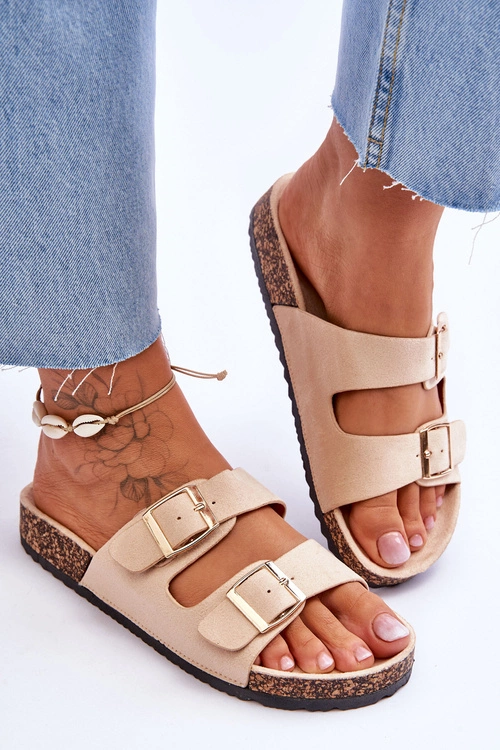 Damskie Klapki Na Korkowej Platformie Z Paskami Beżowe Doretta