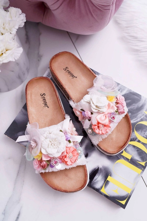 Klapki Damskie Z Kwiatami Białe Enrissa