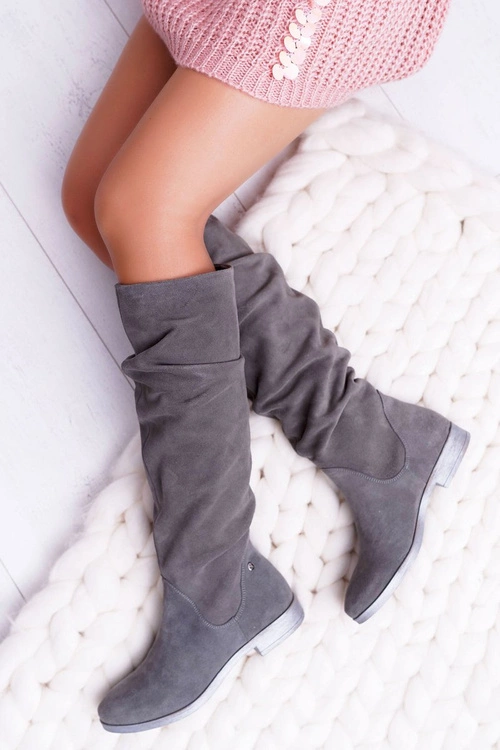 Kozaki Damskie Maciejka Skóra Zamsz Szare Pello