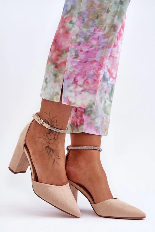 Zamszowe Czółenka Z Cyrkoniami Beżowe Diamond