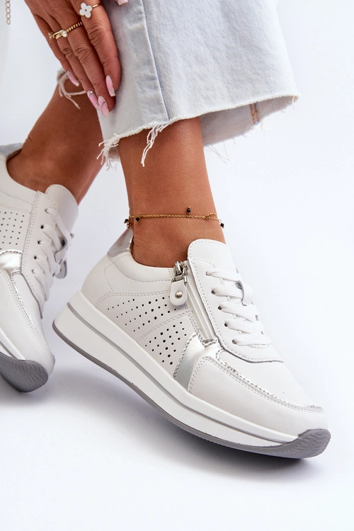 Damskie Skórzane Sneakersy Na Platformie Białe Ligustra