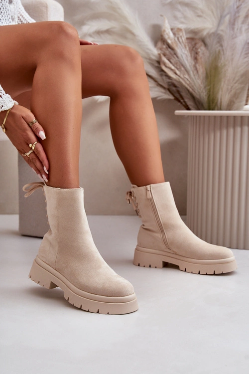 Zamszowe Botki Na Płaskim Obcasie Sznurowane Beżowe Lakyta