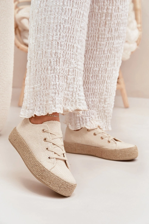 Trampki Damskie Na Platformie Z Plecionką Beżowe Princa