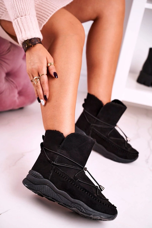 Damskie Botki Śniegowce Sportowe Ocieplane Futerkiem Czarne Synte